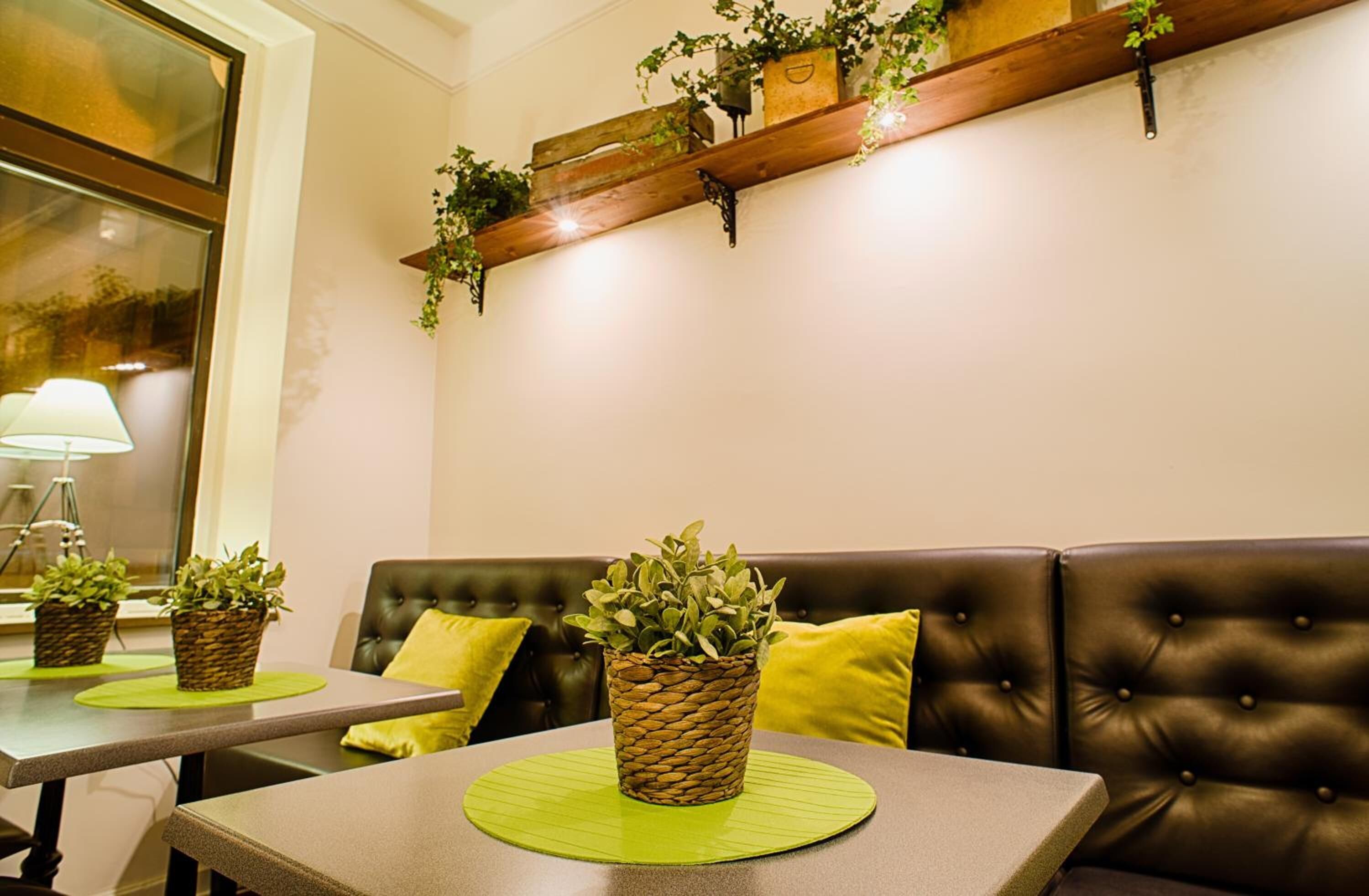 Interior acogedor de un restaurante con un sofá de cuero, manteles individuales verdes y plantas en macetas sobre las mesas.