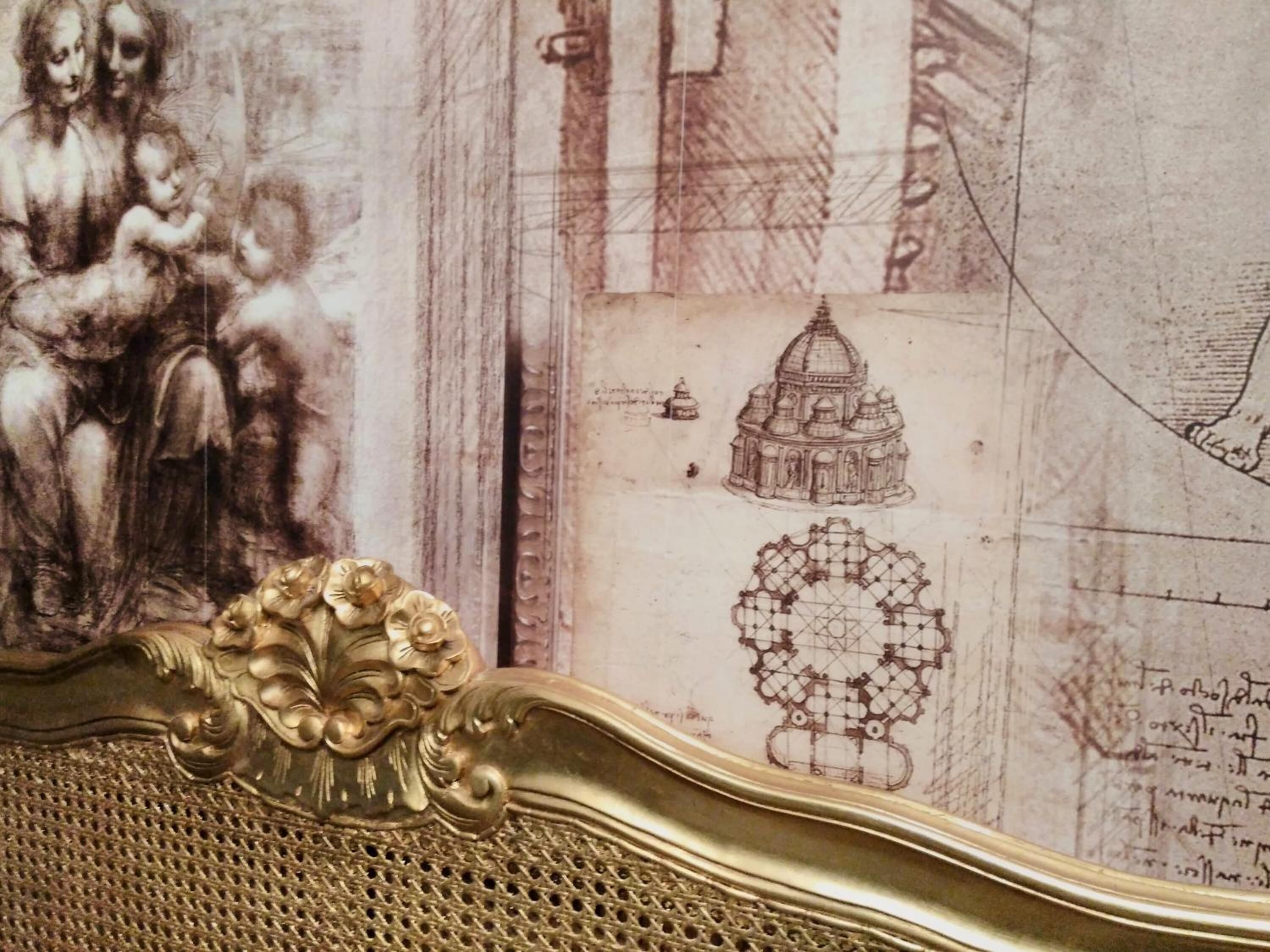 A detailed architectural drawing with a central dome structure and a decorative frame with a textured pattern.