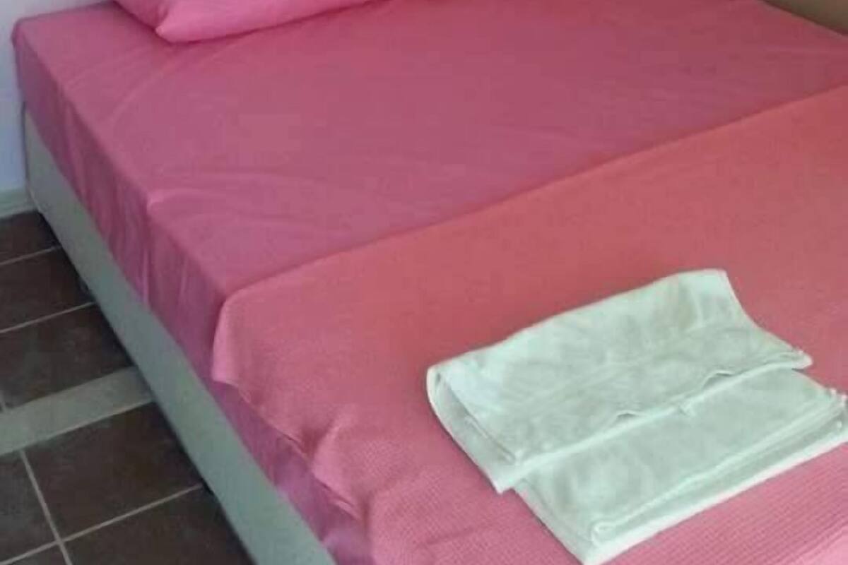 A room with a bed, pink bedding, and a white towel on the bed.