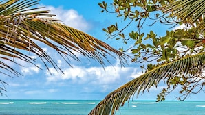 Een strand met houten tafels en stoelen, palmbomen en uitzicht op de oceaan.