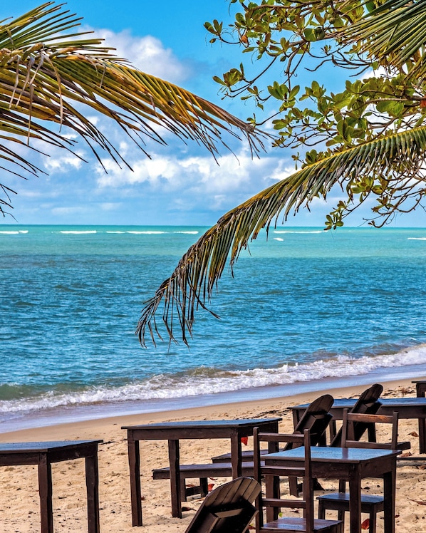 Na praia, espreguiçadeiras, guarda-sóis, bar na praia