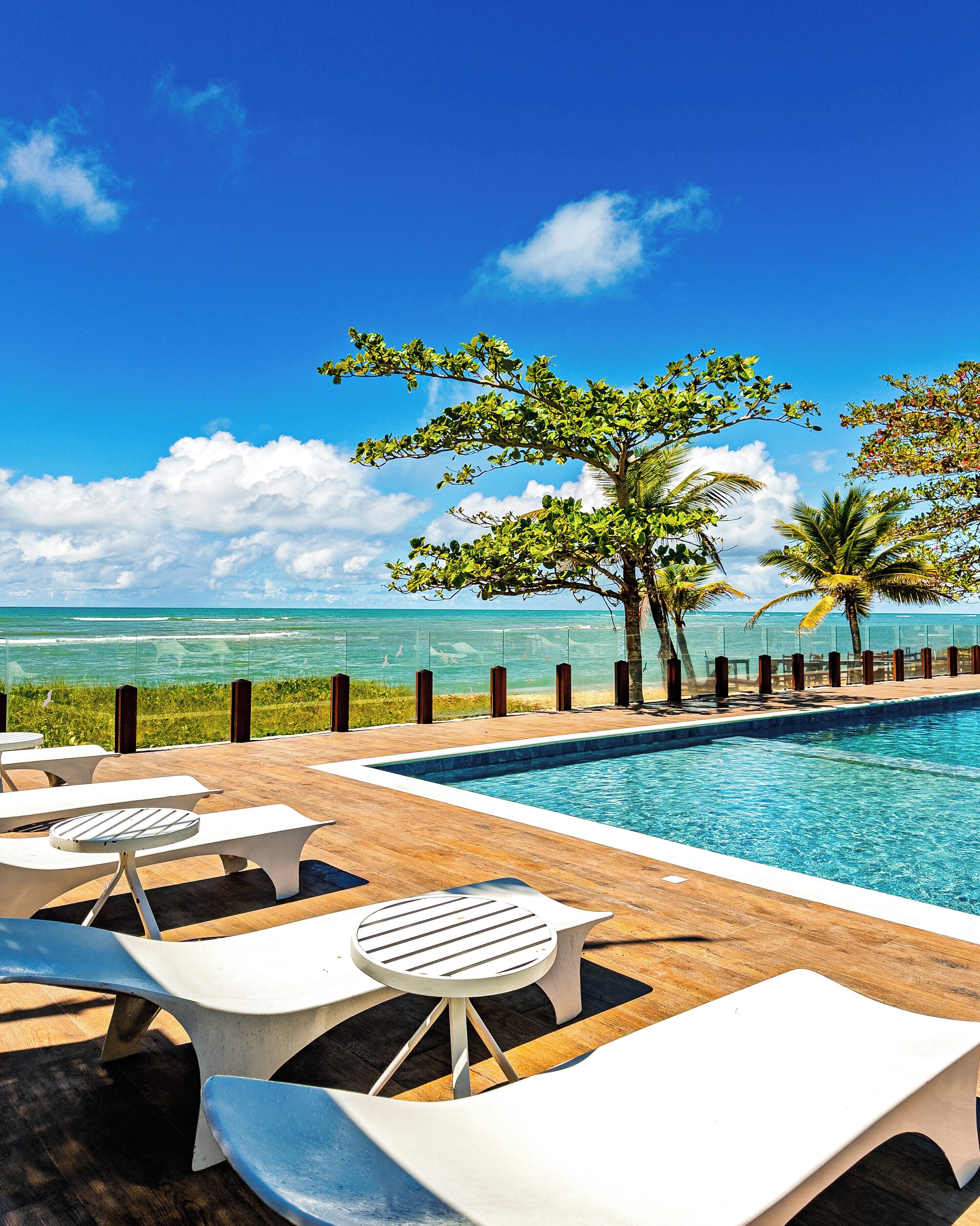 outdoor pool, pool umbrellas, pool loungers