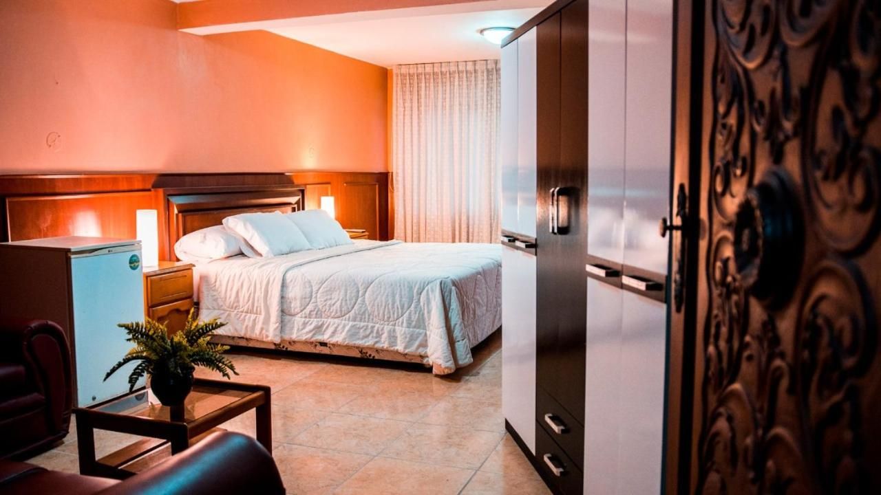 Una habitación de hotel con cama, mesita de noche, lámpara y una planta en maceta.