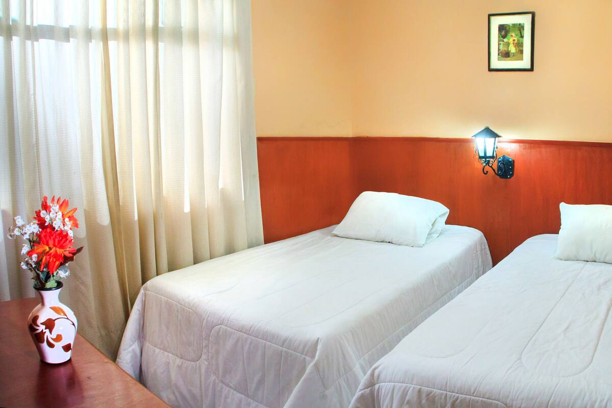 A hotel room with two single beds, a vase with flowers, a wall-mounted lamp, and a framed picture on the wall.