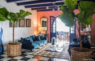 Un salon avec un sol à carreaux, un canapé bleu et deux grandes plantes en pot.