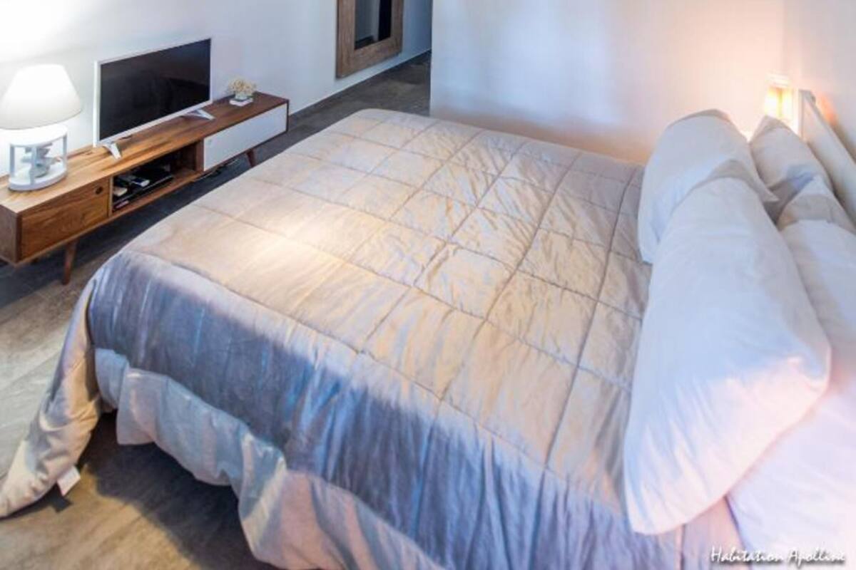 A bedroom with a bed, a TV, a bedside table, and a lamp.