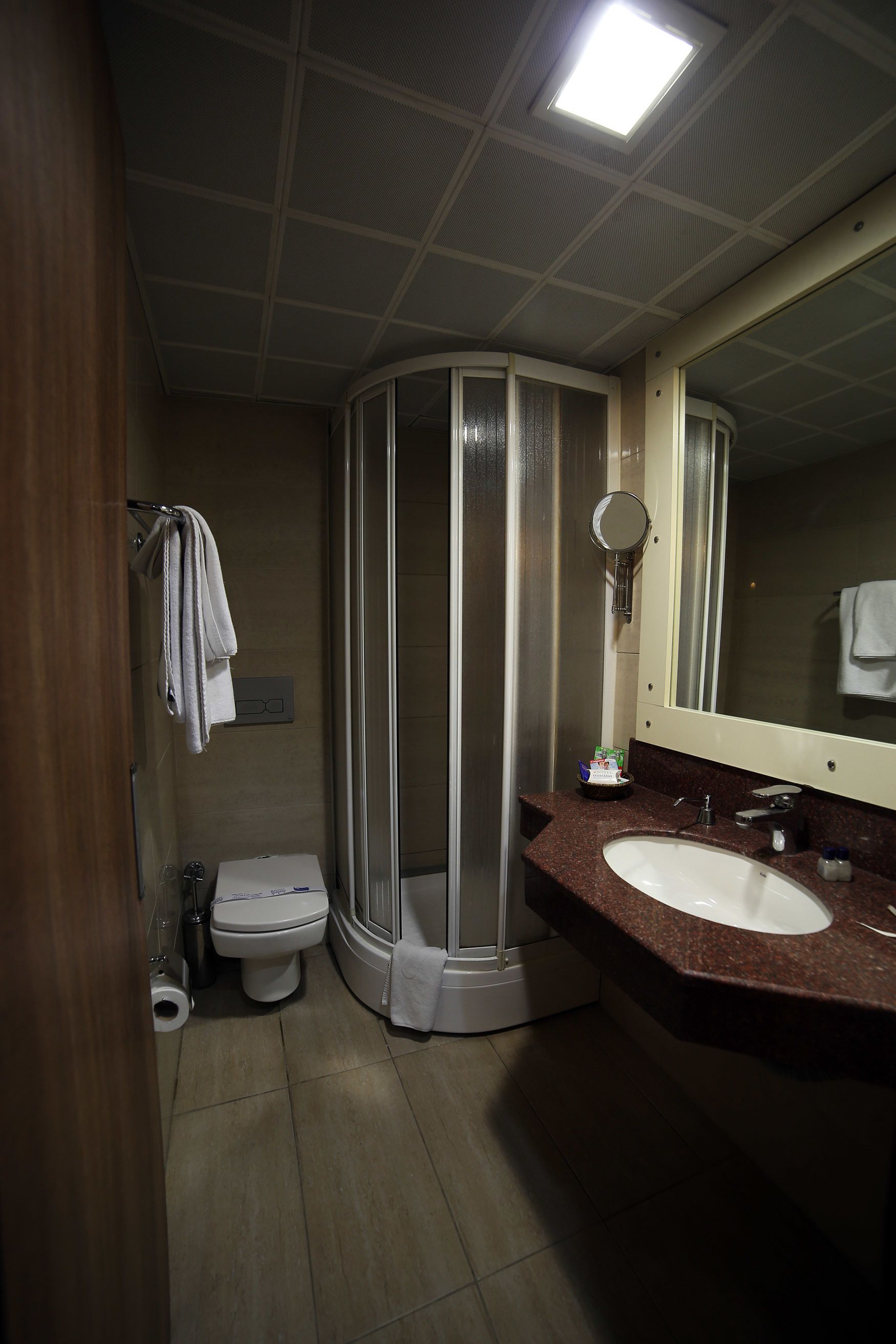 A bathroom with a shower, toilet, sink, and mirror.