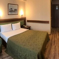 Una habitación de hotel con una cama, una mesita de noche, un cuadro enmarcado en la pared y una puerta.