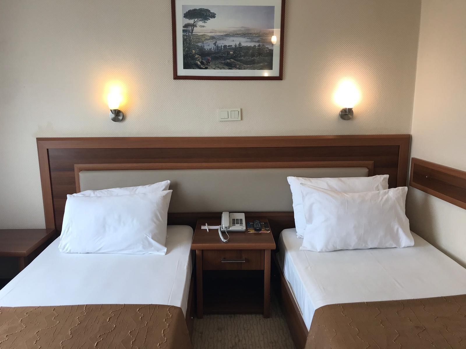 Ein Hotelzimmer mit zwei Einzelbetten, einem Holzkopfteil, Nachttischlampen, einem Nachttisch mit Telefon und einem gerahmten Landschaftsbild an der Wand.