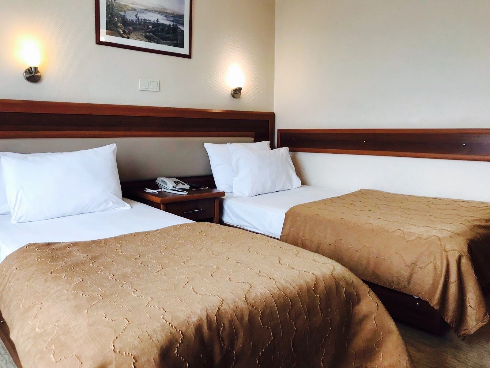 Ein Hotelzimmer mit zwei Betten, einem Nachttisch mit Telefon und einem gerahmten Bild an der Wand.