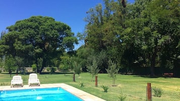 Seasonal outdoor pool, pool umbrellas