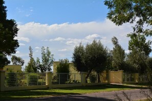 Ein durch eine Mauer und ein Metallgitter abgetrenntes Areal, umgeben von Bäumen und blauem Himmel.