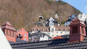 Ein Wohngebiet mit Häusern an einem Hang, bewölkter Himmel und eine ferne Bergsicht.