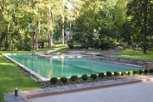 Una piscina rectangular con borde de piedra, rodeada de césped cuidado y pequeños arbustos.