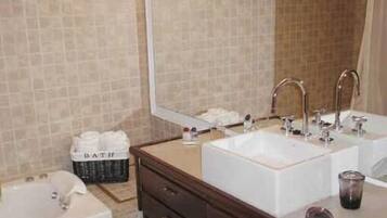 Combined shower/bathtub, hair dryer, bidet, towels