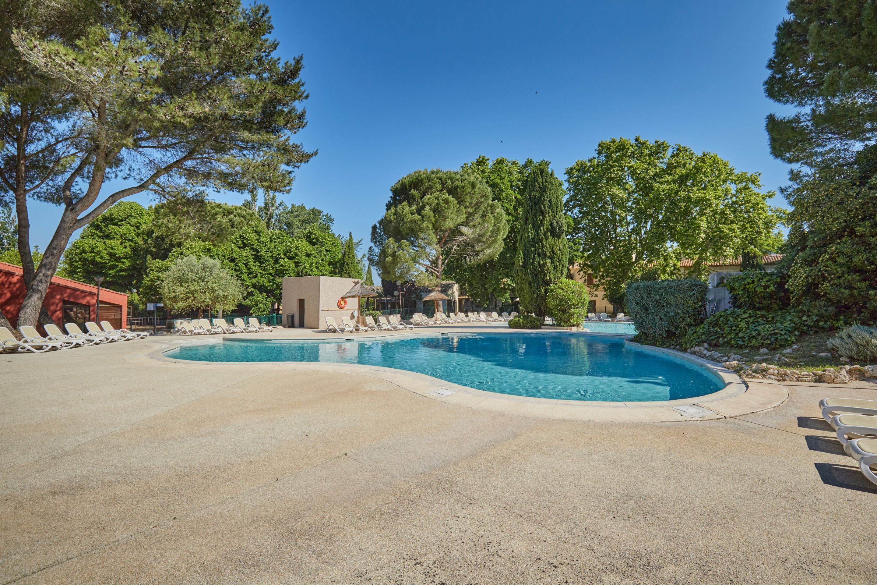 A swimming pool with lounge chairs and a small building, surrounded by trees and greenery.