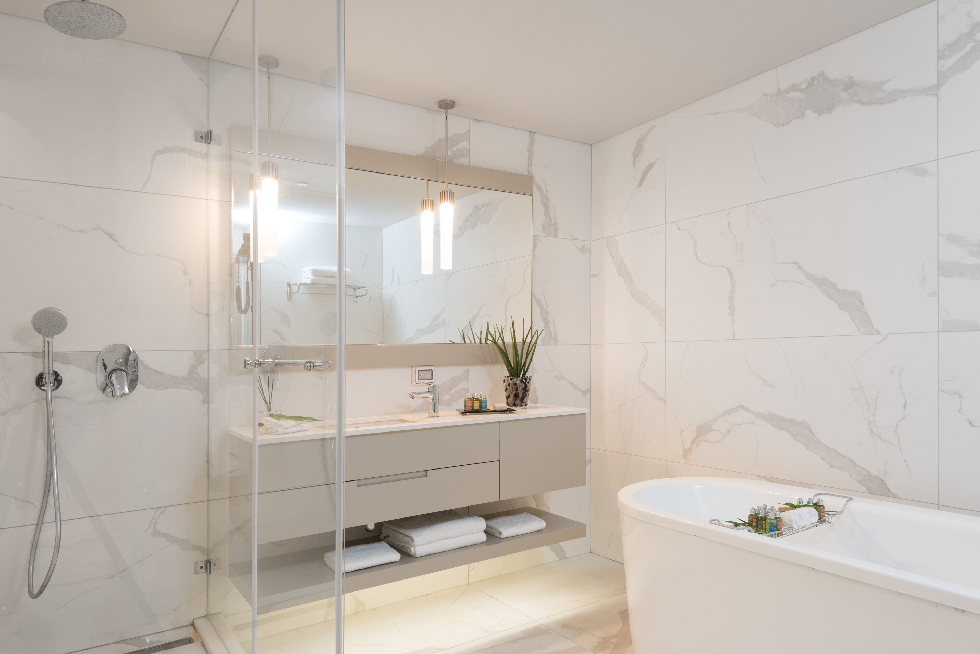 panoramic room, sea view | bathroom | shower, designer toiletries, hair dryer, bathrobes