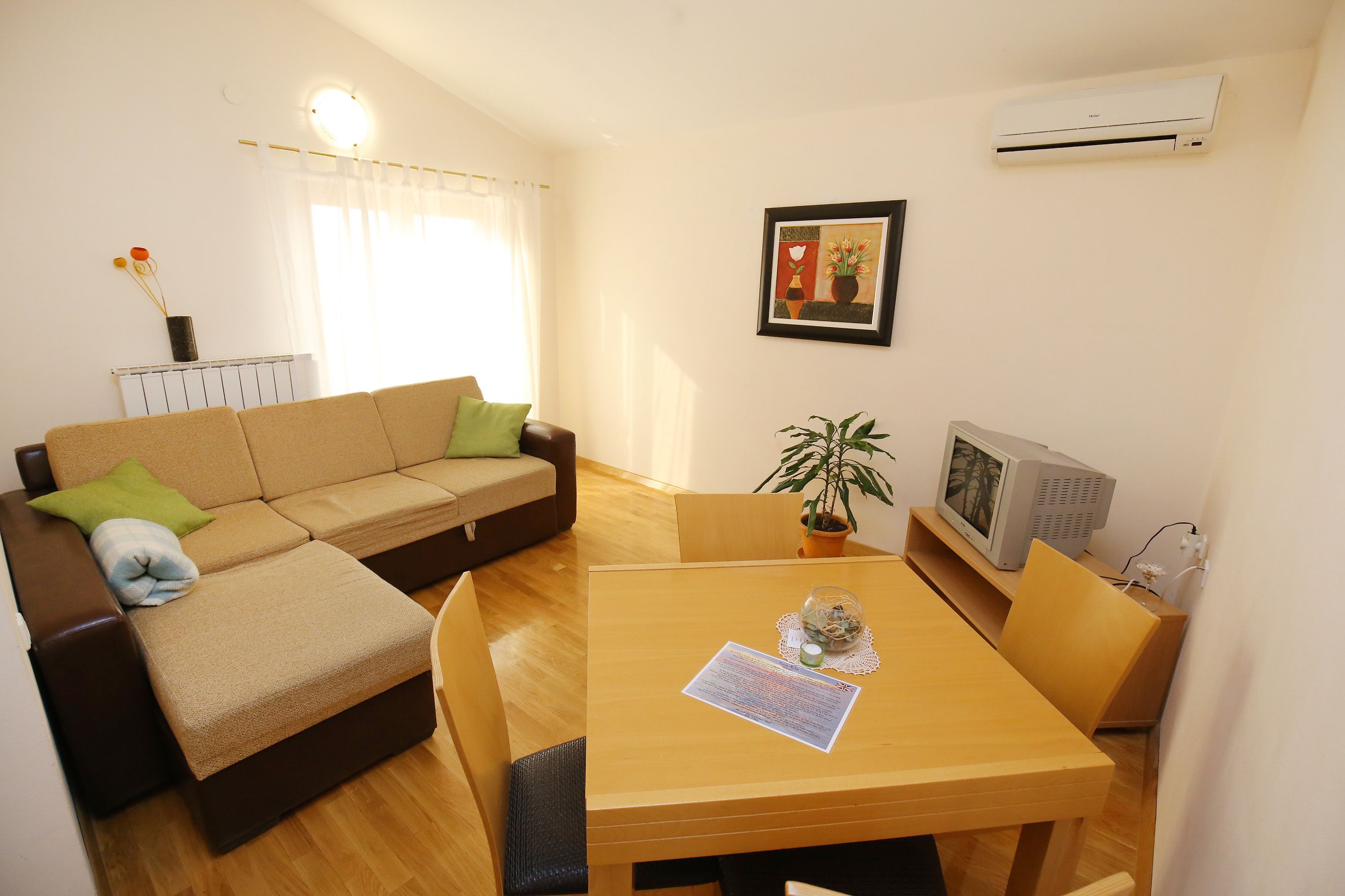 Una sala de estar con sofá, una mesa de comedor, una planta en maceta, televisor y aire acondicionado.