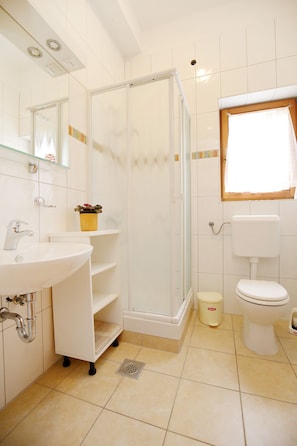 A bathroom with a white sink, mirror, and toilet, a glass shower enclosure, and a small potted plant on a shelf.