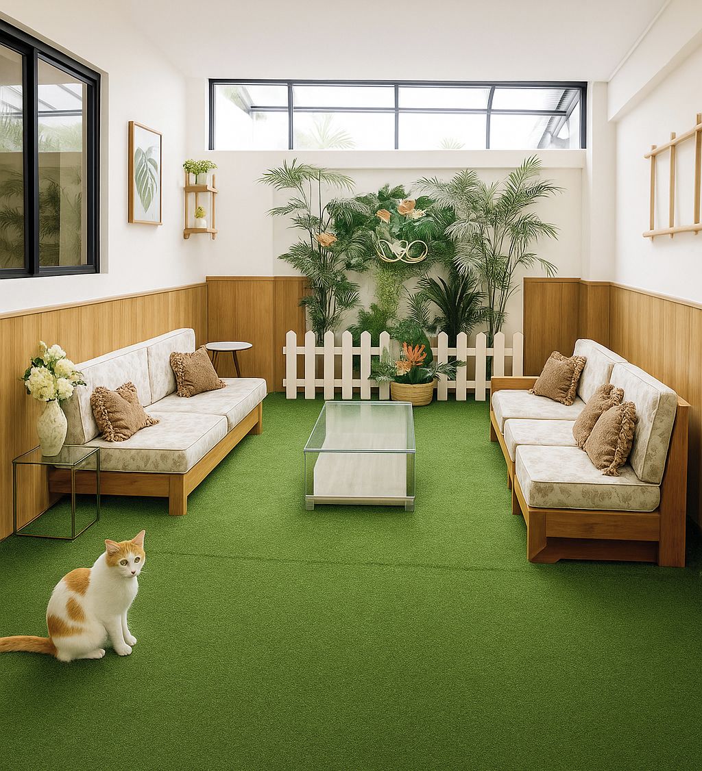 A cozy living room with two sofas, a coffee table, and a cat. There are plants, a white picket fence, and a large window.
