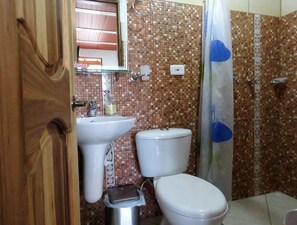 Habitación doble | Baño | Ducha, artículos de higiene personal gratuitos y secador de pelo