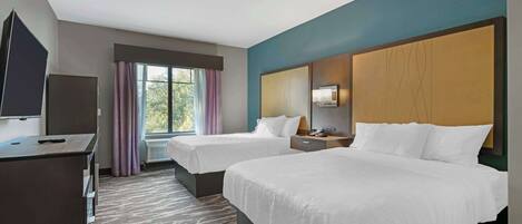 Desk, laptop workspace, blackout curtains, iron/ironing board