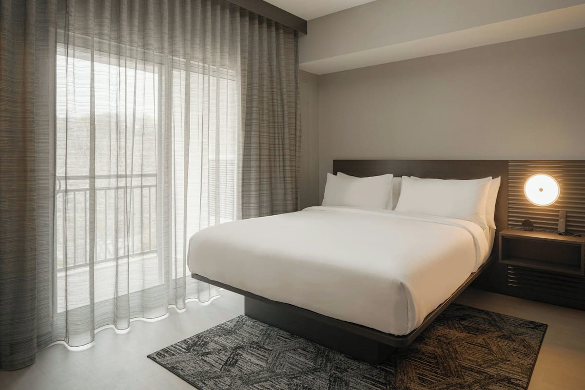 A modern hotel room with a large bed, a nightstand with a lamp, sheer curtains, and a patterned rug.