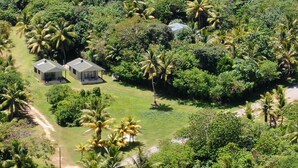 Un resort tropical con dos edificios de estilo bungalow rodeados de abundante vegetación y palmeras.