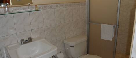 A bathroom with a sink, toilet, and shower.