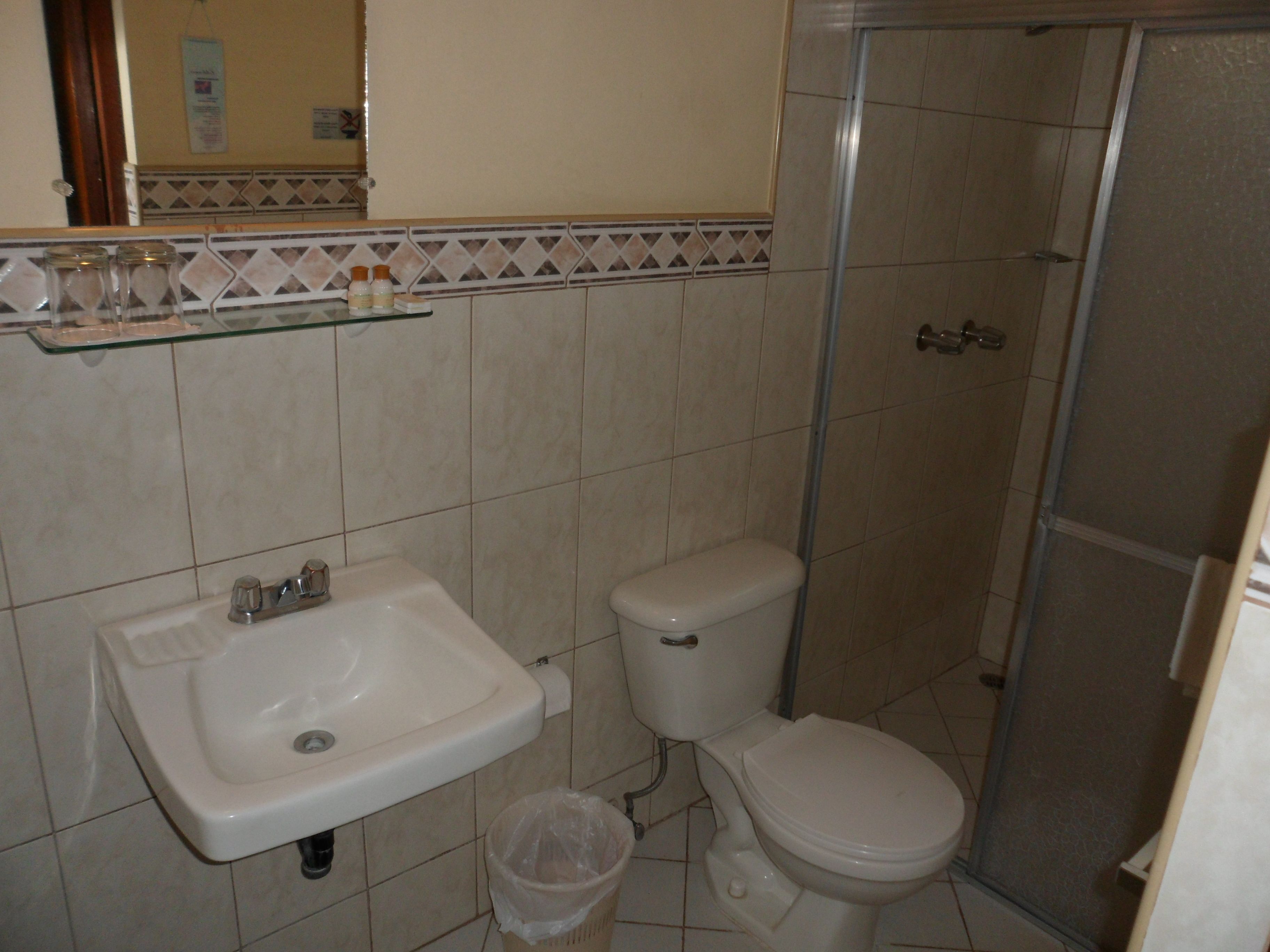 A bathroom with a sink, toilet, and shower.