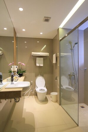 Un baño moderno con ducha de vidrio, inodoro y lavamanos con espejo.