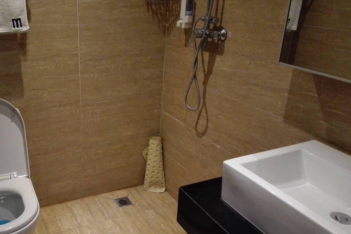 Elite Süit | Banyo | Duş, ücretsiz banyo/kozmetik ürünleri, saç kurutma makinesi, terlik