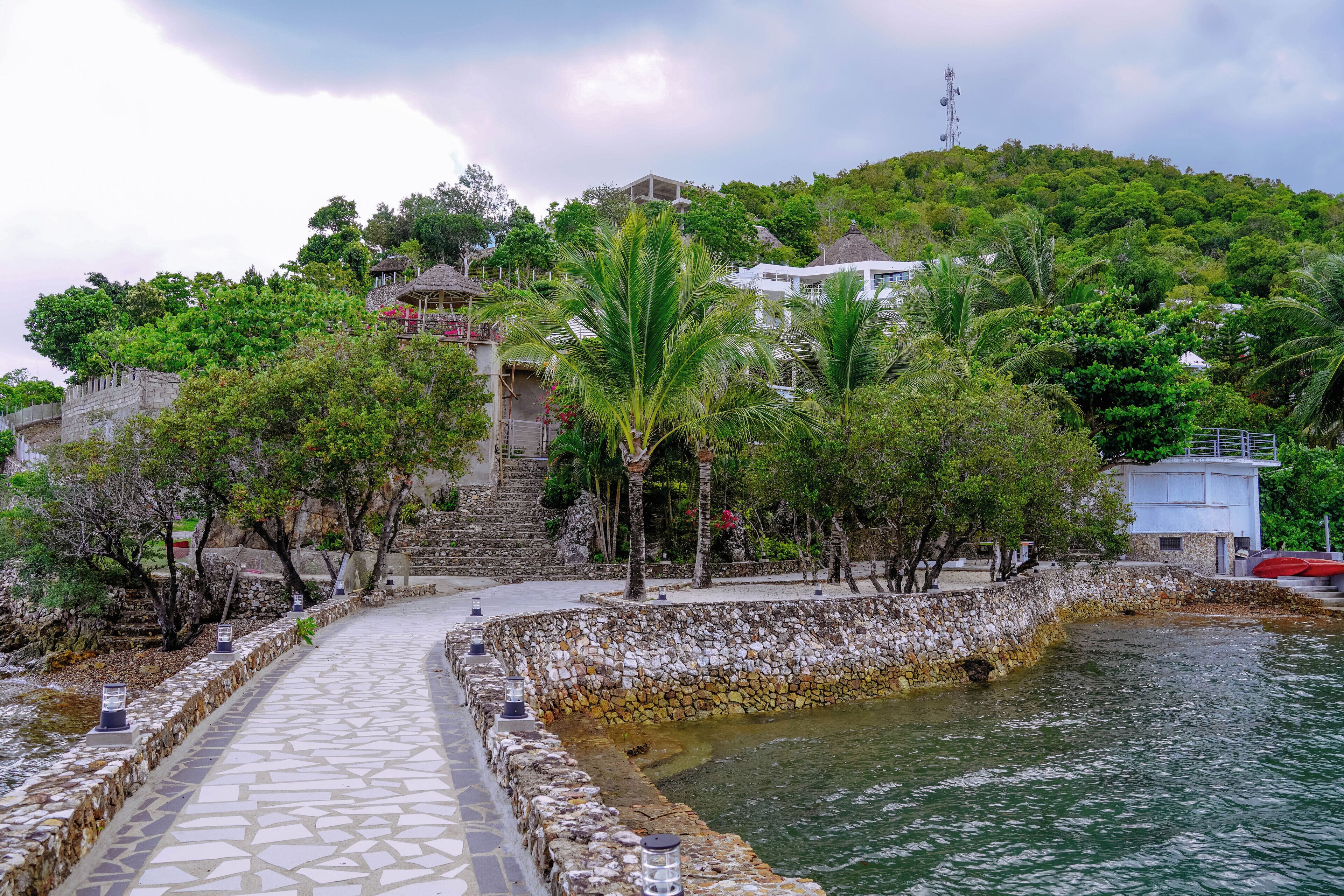 A coastal walkway with a stone wall, palm trees, and a view of a hill with buildings.