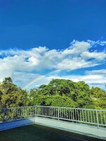 Vista de una colina verde exuberante con una cerca blanca al frente.