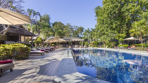 Un espace piscine doté de chaises longues, d’une structure à toit de chaume et d’une végétation tropicale.