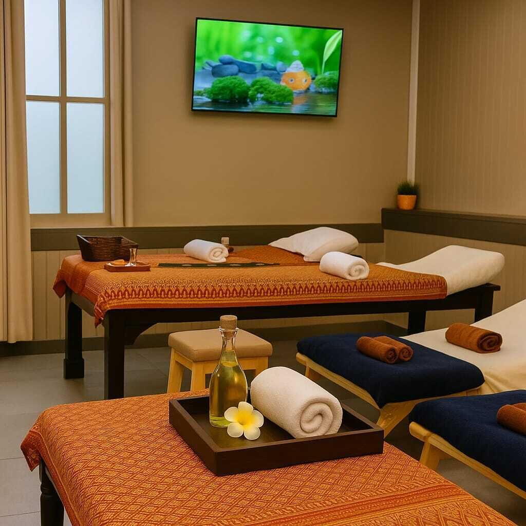 A spa room with a massage table, two massage chairs, a small table with a bottle and a flower, and a TV on the wall.