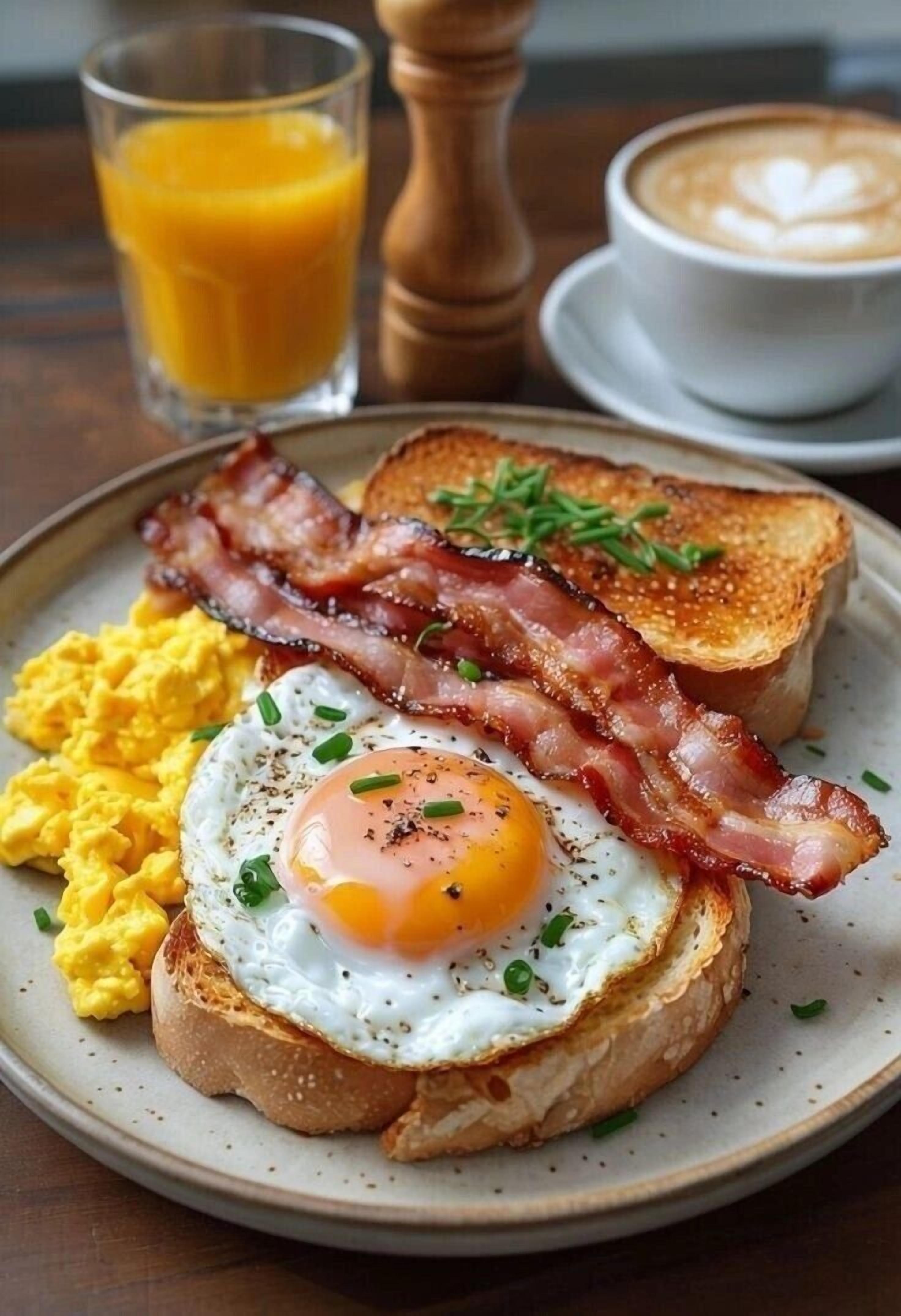 A breakfast plate with eggs, bacon, toast, and a glass of orange juice.