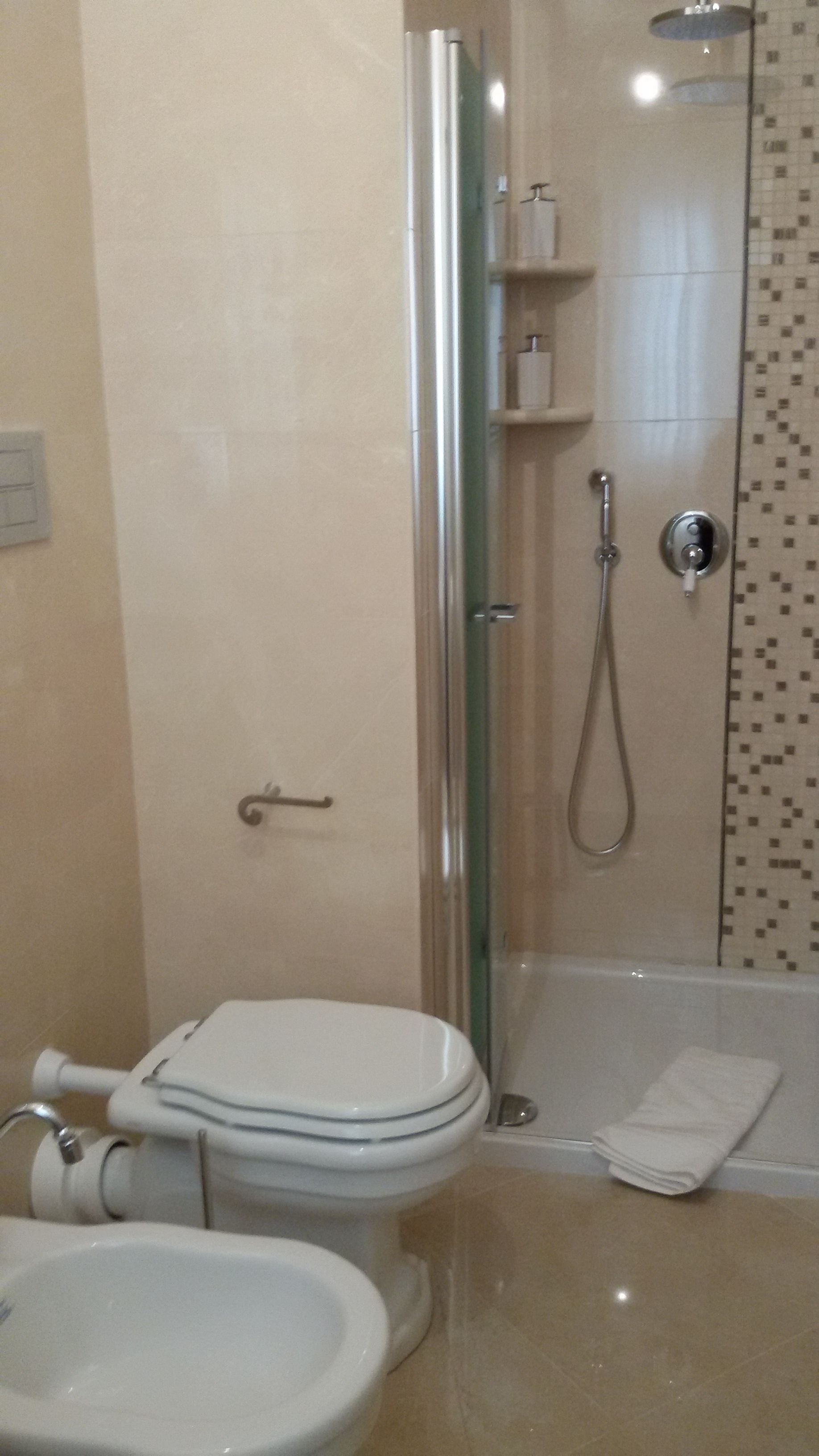 A bathroom with a toilet, a glass-enclosed shower, and a towel on the floor.