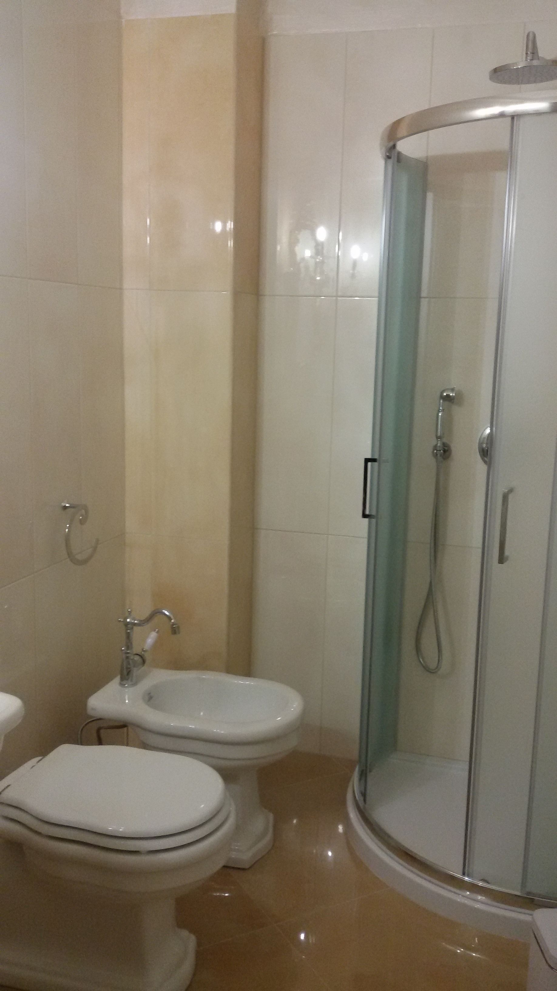 Un baño con ducha envuelta en cristal, dos inodoros y un lavabo.