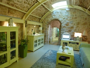 Traditional House, 2 Bedrooms | Living room | 32-inch flat-screen TV with cable channels, TV - St. George Sykoussis Traditional Residence (Chios)