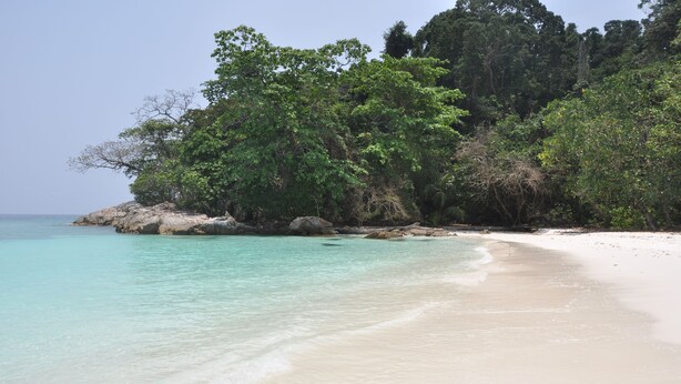 A beach with clear turquoise water, white sand, and dense green foliage on a rocky cliff. - Pranee Beach Bungalows (Takua Pa)