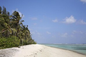 A beach with white sand, palm trees, and clear blue water. - Lonuveli (Hulhumalé)