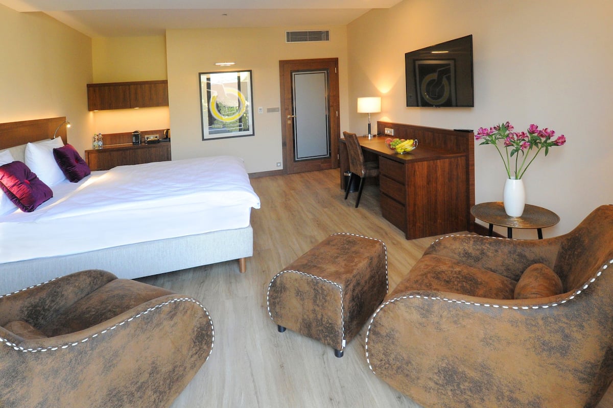 Una habitación de hotel con una cama grande, un escritorio, una silla y una mesita de noche con un florero.