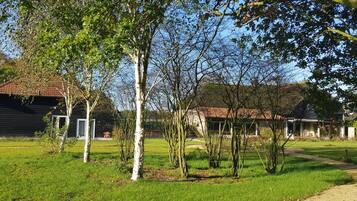 A rural property with a dirt path, a small wooden structure, and a large barn.