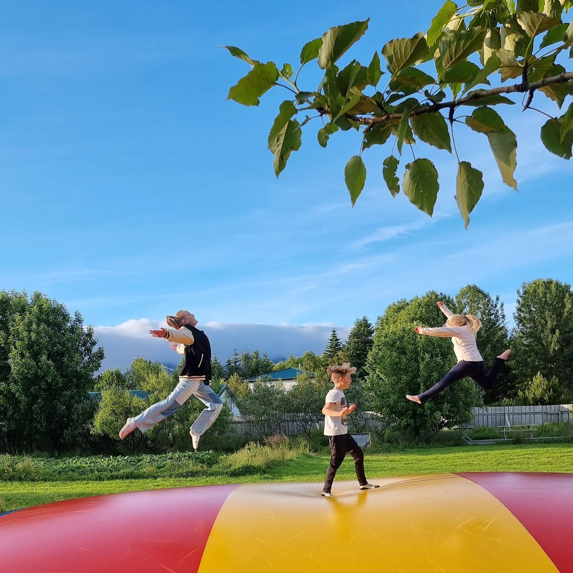Drei Personen springen auf einem Trampolin.