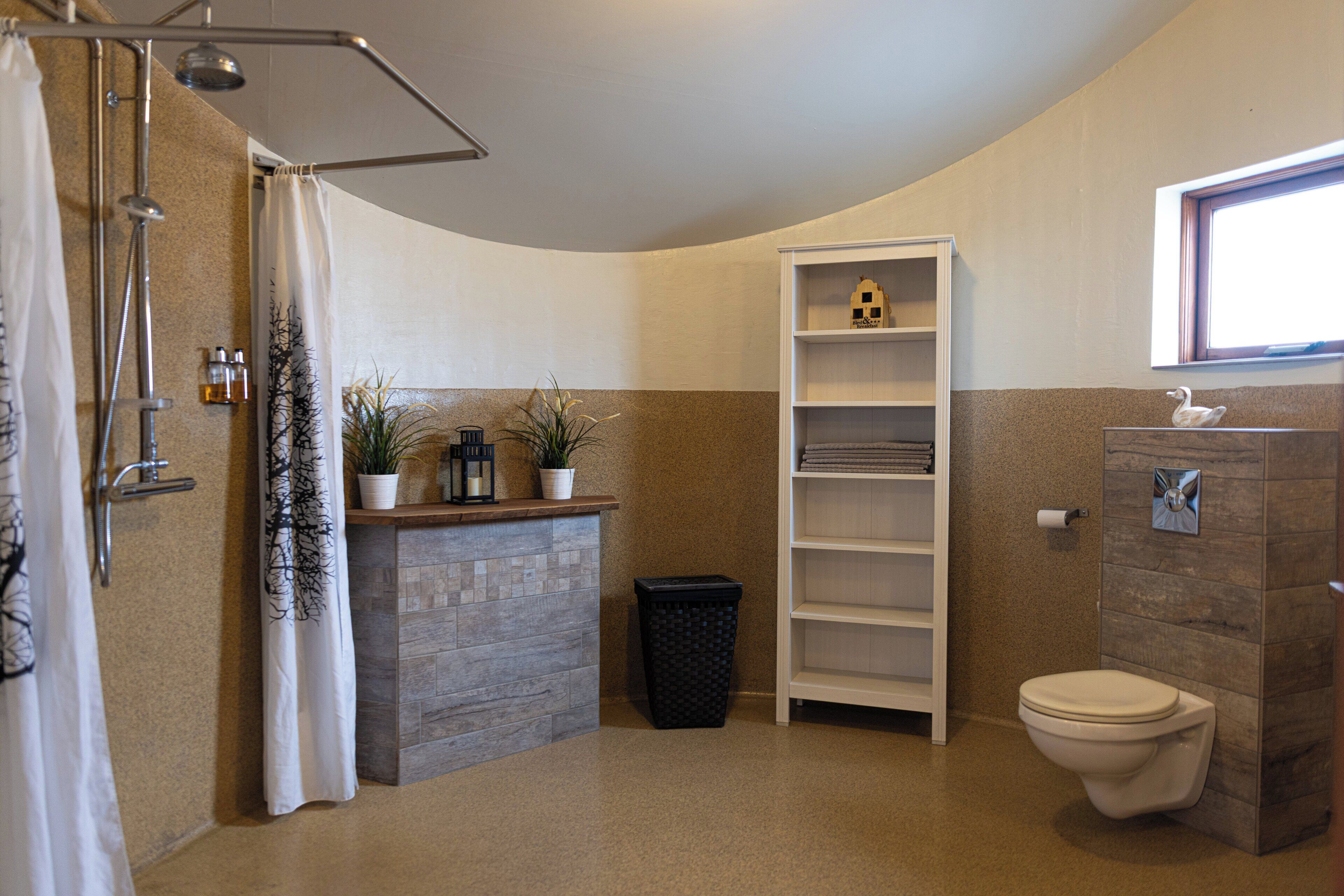 A bathroom with a shower, toilet, and a shelf unit.