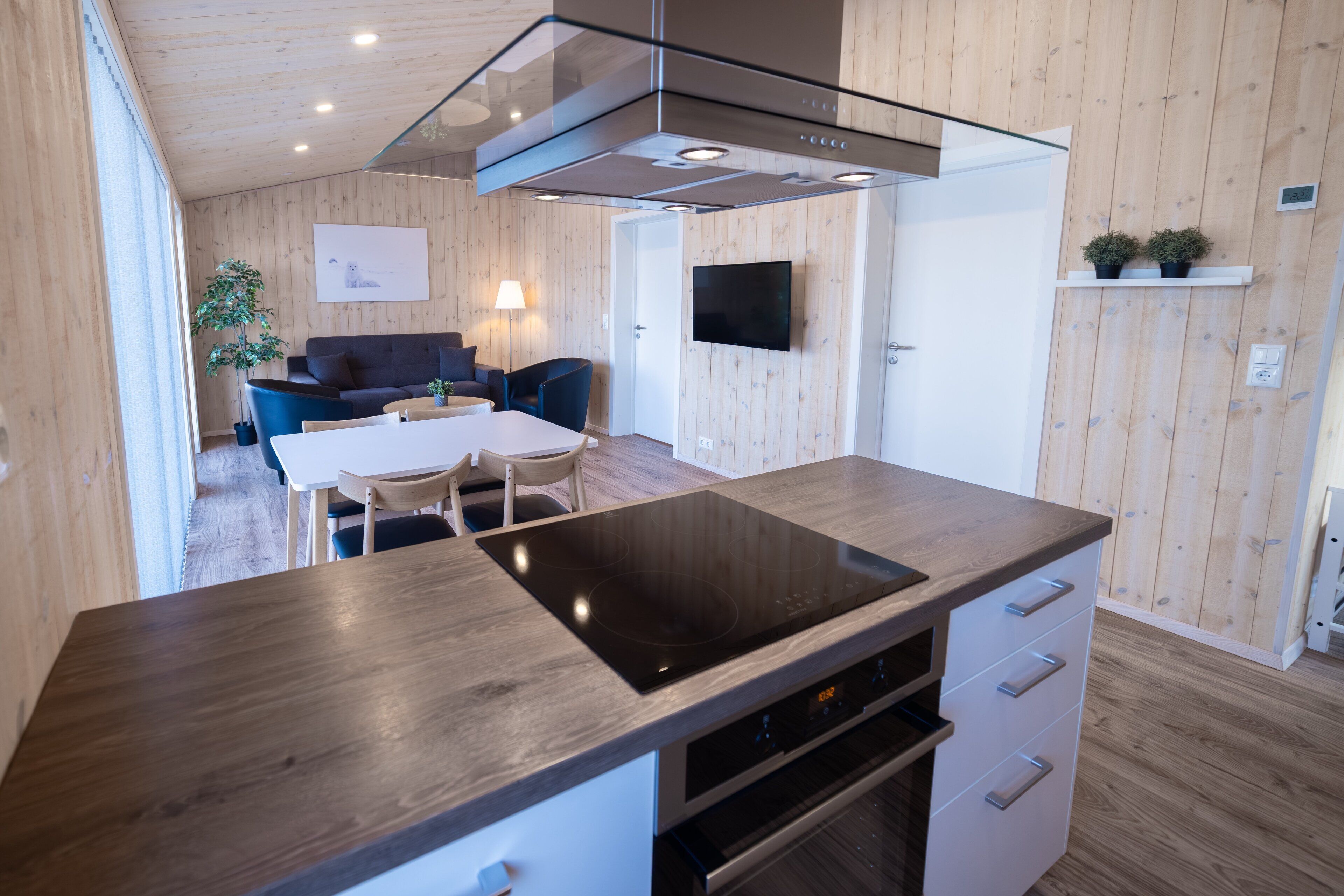 Una cucina moderna con piano di lavoro in legno e forno integrato, una zona pranzo con tavolo e sedie, e un soggiorno con divano e lampada.
