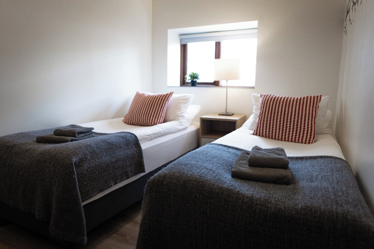 A hotel room with two single beds, each with a grey blanket and a red and white checkered pillow. There is a nightstand with a lamp between the beds.