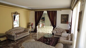 A living room with two sofas, a coffee table, and a patterned rug. - Hotel Anesi (Metamorfosi)