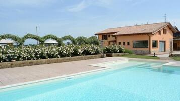 A swimming pool with a clear blue water surface, a building with a tiled roof, and a garden with white flowers and green foliage.